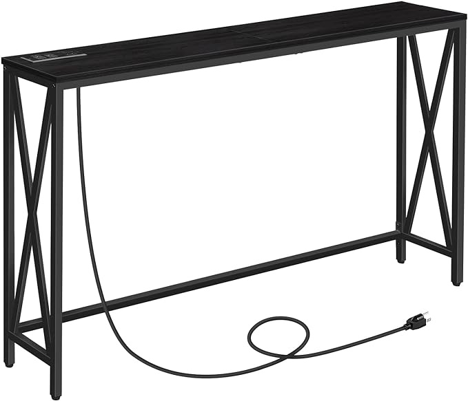 MAHANCRIS 55.1" Console Table with Power Outlet, Narrow Sofa Table, Farmhouse Sofa Couch Table with Charging Station, Sturdy and Durable, for Entryway, Living Room, Foyer, Black CTHB8301 Black 55.1"L x 8.7"W x 31.5"H , set for 2