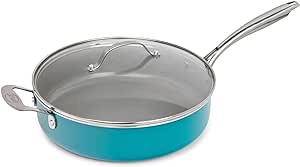 Gotham Steel Nonstick 5.5 Quart Sauté Pan with Lid, Ceramic Jumbo Cooker Fry Pan with Glass Lid, Stay Cool Handle + Helper Handle, Oven, Stovetop & Dishwasher Safe, 100% PFOA Free, Aqua Blue
