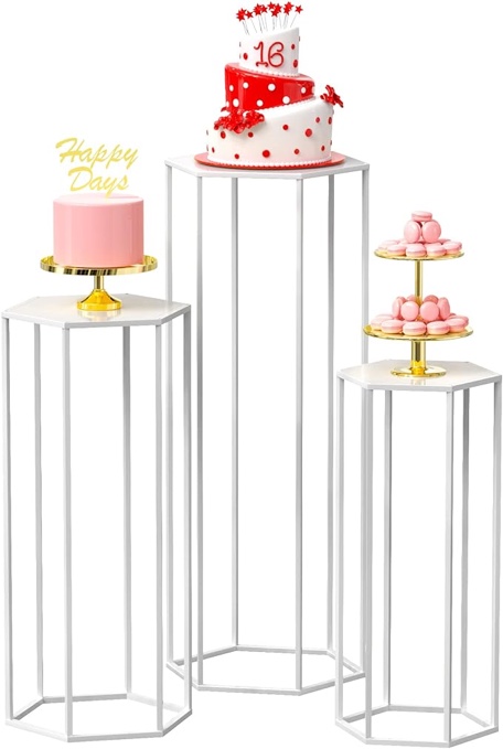 Wokceer Hexagon Pedestal Stand Cylinder Stands for Party 35.43" Set of 3 Nesting Display Cylinder Tables for Parties Wedding Living Room Patio Decor White