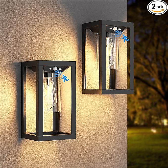 APONUO Solar Outdoor Wall Lights with 3 Lighting Modes, Solar Porch Lights Motion Sensor Waterproof Wall Lanterns, Wireless Dusk to Dawn Solar Sconce Lights for Porch, Garage, Patio, Yard (2 Packs)