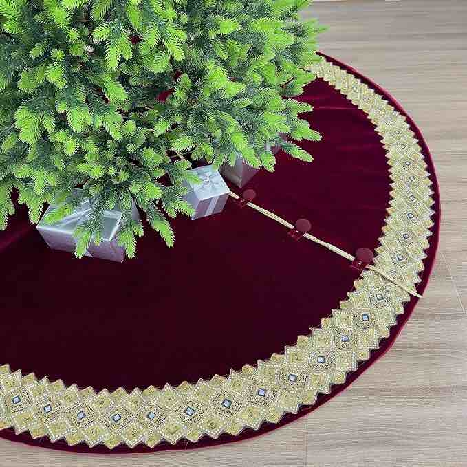 60-Inch Venetian Gilded Christmas Tree Skirt with Jeweled Gold Band and Button Loops, Burgundy 60-Inch Burgundy