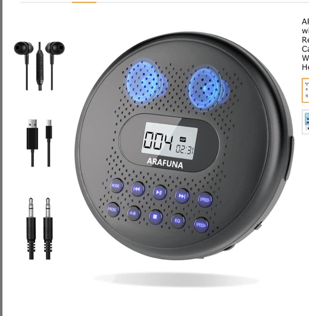 CD Player Portable, ARAFUNA Portable CD Player with Dual Stereo Speakers, Rechargeable CD Player for Car with Anti-Skip Protection, Walkman CD Player with Headphones and AUX Cable