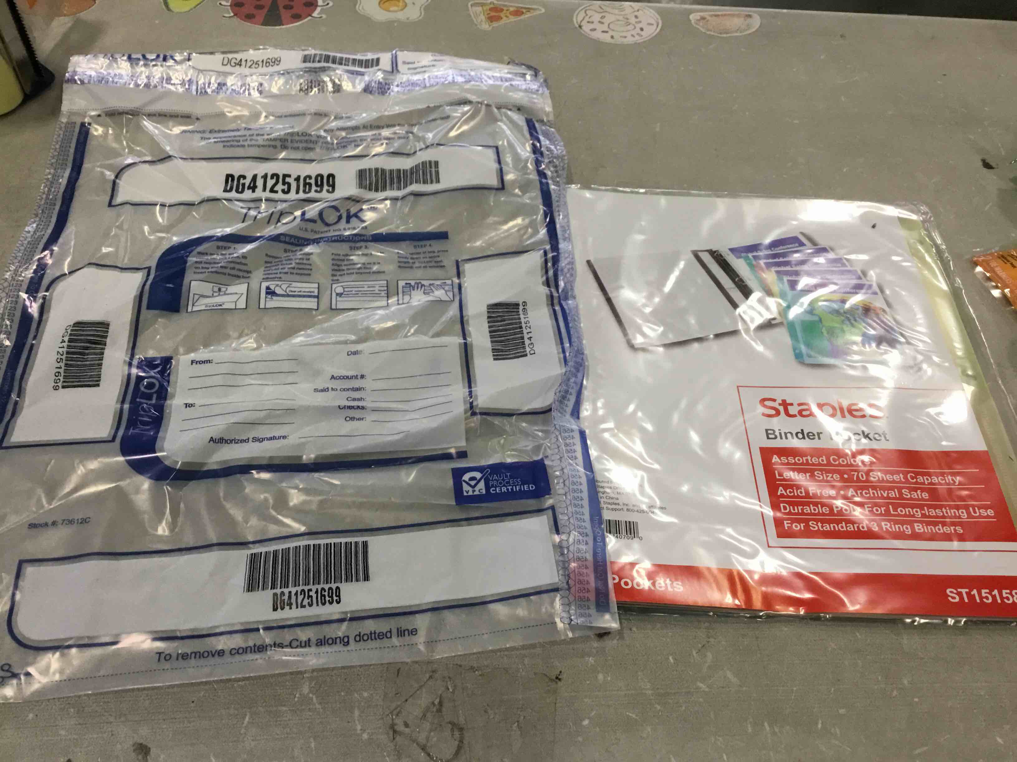 Assorted Box of Staples Binder pocket 12 X 16. Tripoli Security Bag clear 