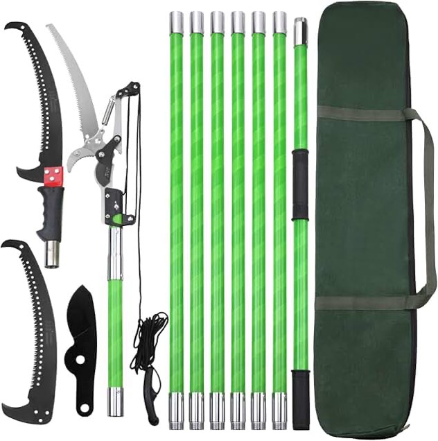 30 Feet Tree Pole Pruner, Durable Tree Trimmers Handle, Manual Branches Trimmer for Garden Tools Loppers Hand Pole Saws Extendable Height with Knives and Storage Pocket