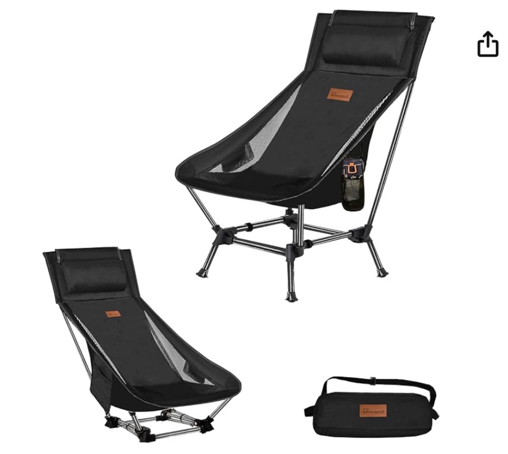 DRAXDOG Camping Chair, 2 Way Compact Backpacking Chair, Portable Folding Chair, Beach Chair with Side Pocket and headrest, Lightweight Hiking Chair ZGWB (Black)