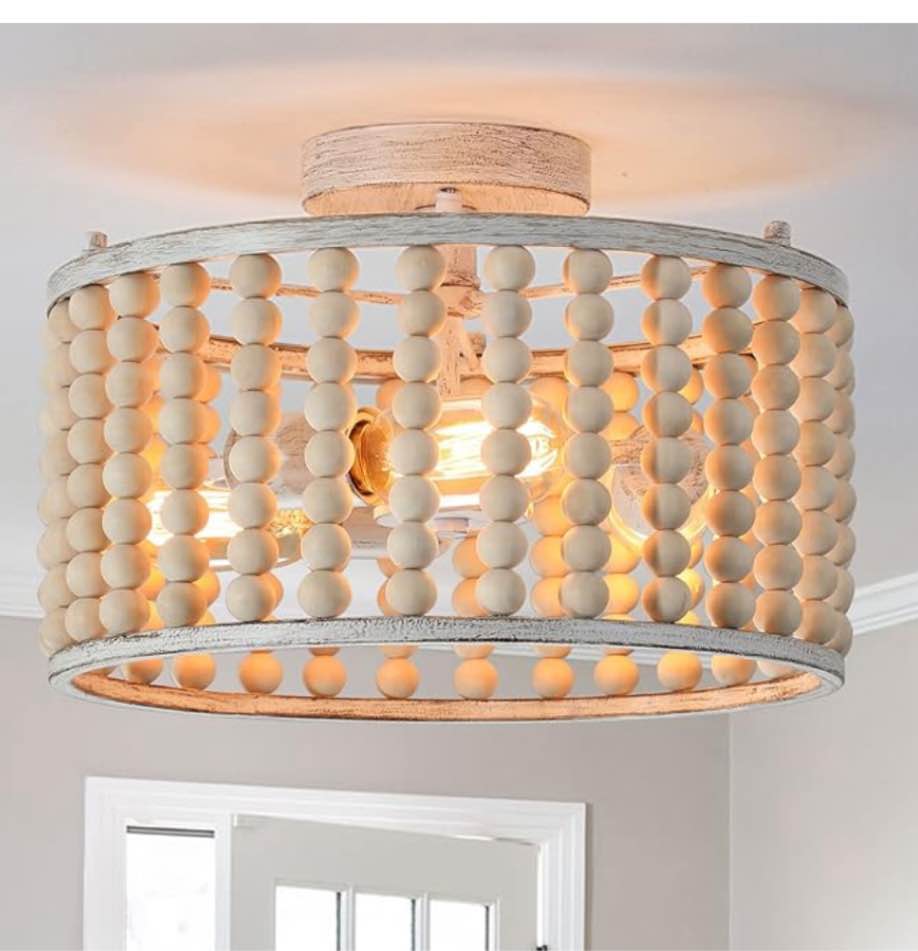 tewei Wood Beaded Boho Chandelier Light Fixture, Semi Flush Mount Ceiling Light 3-Light Rustic Nursery Close to Ceiling Light for Bedroom Kitchen, Living Room, Oak White, E26 Base