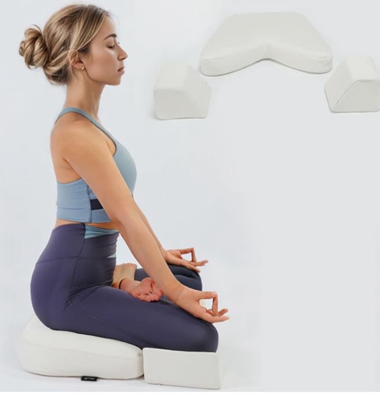 Syrinx Meditation Cushion- Comfortable Yoga Pillow, Zafu Floor Mat with 2 Knee Cushions, Buckwheat Hull Filled Crescent Shaped Cushion with Carry Bag and Recyclable Cover(White)