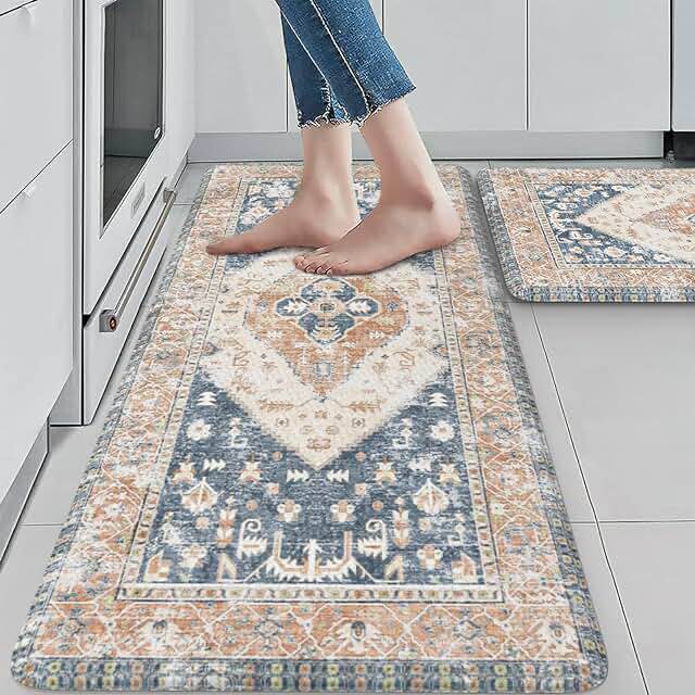 KIMDOE Kitchen Rugs and Mats 2PCS Cushioned Anti Fatigue Kitchen Mat Non-Skid Waterproof Kitchen Runner Rug for Kitchen Decor,Floors,Office,Laundry,Blue and Gold