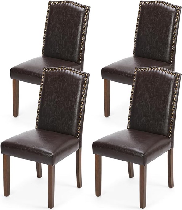 MCQ Upholstered Dining Chairs Set of 4, Modern Upholstered Leather Dining Room Chair with Nailhead Trim and Wood Legs, Mid-Century Accent Dinner Chair for Living Room, Kitchen, Dark Brown