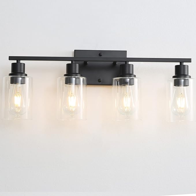 MELUCEE 4 Lights Sconces Wall Lighting Black with Clear Glass Shade, Industrial Bathroom Light Fixtures Vanity Lights Porch Light Fixtures Wall Mount