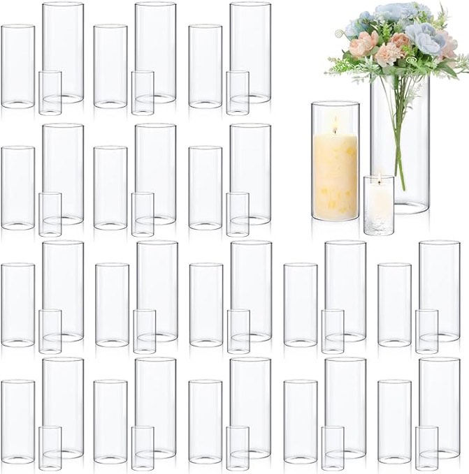 48 Pcs Glass Cylinder Vase Bulk Clear Different Sizes Candle Holder Decorative Centerpiece for Wedding Reception Home Flowers Modern Serene Spaces Living Glass Vases (4'', 6'', 8'' High)