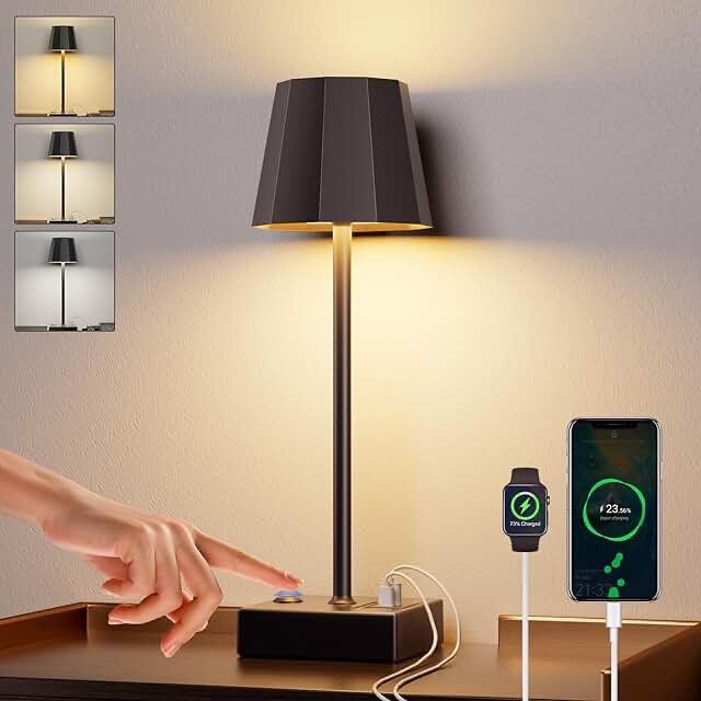 Niaycouky Cordless Table Lamp for Bedroom, 8000mAh Battery Operated Rechargeable Touch Lamp with USB Ports, Portable LED Desk Lamp 3 Color Stepless Dimming, Living Room/Restaurant//Bars/Party/Camping…