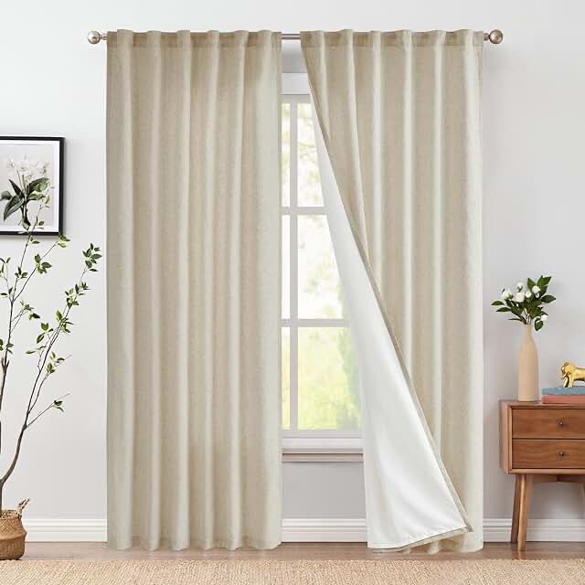 jinchan Oat Linen Curtains 90 Inches Long for Living Room Farmhouse Curtains with Lined Rod Pocket Back Tab Light Filtering Window Drapes with Lined for Bedroom Curtains 2 Panels Oat