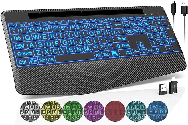 Wireless Keyboard and Mouse Combo with 7 Colored Backlits, Wrist Rest, Rechargeable Ergonomic Keyboard with Phone Holder, Silent Lighted Full Size Combo for Window, MacBook, PC, Laptop