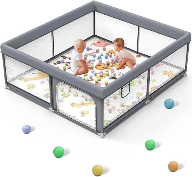 JIKPO Large Baby Playpen, Sturdy Safety Baby Playard for Babies and Toddlers, Wrap Around Cushion Design and Soft Breathable Mesh Play Pen, Baby Activity Center with 8 Suction Cup Bases (50"x50")