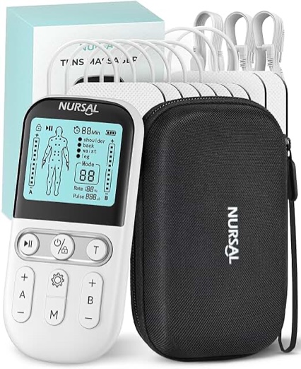 NURSAL Dual Channel TENS Unit Muscle Stimulator Machine, 3-in-1 Electronic Pulse Massager, 24 Modes TENS EMS Machine, Muscle Massager for Pain Relief Therapy, EVA Travel Case and 8 Electrode Pads