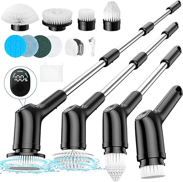Leebein 2023 Electric Spin Scrubber, Cordless Cleaning Brush with 8 Replaceable Brush Heads, Adjustable Extension Handle, 2 Speeds & Remote Control, Power Cleaning Scrub for Bathroom Floor Tile Car
