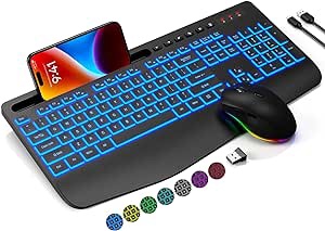 Wireless Keyboard and Mouse Combo with 7 Colored Backlits, Wrist Rest, Rechargeable Ergonomic Keyboard with Phone Holder, Silent Lighted Full Size Combo for Window, MacBook, PC, Laptop