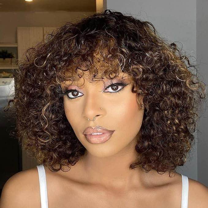 Short Bob Curly Human Hair Wigs with Bangs Wear and Go None Lace Front Human Hair Wigs for Black Women 180% Density Kinky Curly Fringe Bang Wig Human Hair Machine Made Brazilian Unprocessed Virgin Hair Wigs Natural Color 14 inch