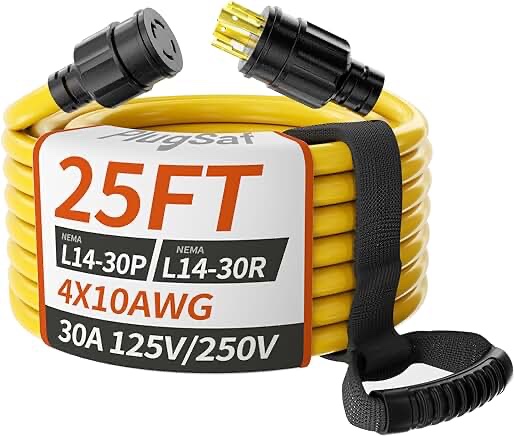 25FT 30 Amp Generator Extension Cord 4 Prong, NEMA L14-30P/L14-30R 10 Gauge STW 125/250V Twist Lock Generator Cord Heavy Duty, Yellow ETL Listed PlugSaf