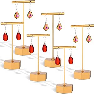 6 Pcs Metal Earring T Bar Stand Retail Earring Display Holder with Hexagon Base Tabletop Jewelry Tower Necklace Organizer for Bangles Bracelets, Hexagon Base 6 Pcs Height 4.5" and 5.3" (Gold)