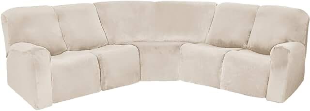 7 Pcs L Shape Sectional Recliner Sofa Covers 5 Seat Sectional Couch Covers Milk Silk Velvet Stretch Reclining Sofa Cover Sofa Slipcover Furniture Protector for Living Room (Beige,Milk Silk)