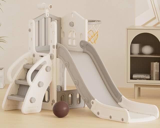 BIERUM 5 in 1 Toddler Slide and Swing Set, Kid Slide for Toddlers Age 1-3, Bus Themed Baby Slide with Basketball Hoop, Indoor and Outdoor Slide Toddler Playset Toddler Playground