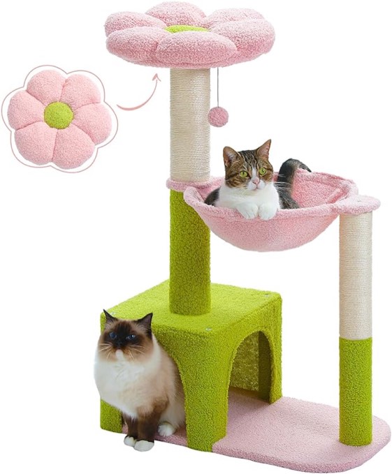 MUTTROS Flower Cat Tree with Large Metal Frame Hammock, 36.6" Cute Cat Tower with Sisal Scratching Posts for Small Indoor Cats, Cat Condo with Pink Top Perch for Kittens, Pink