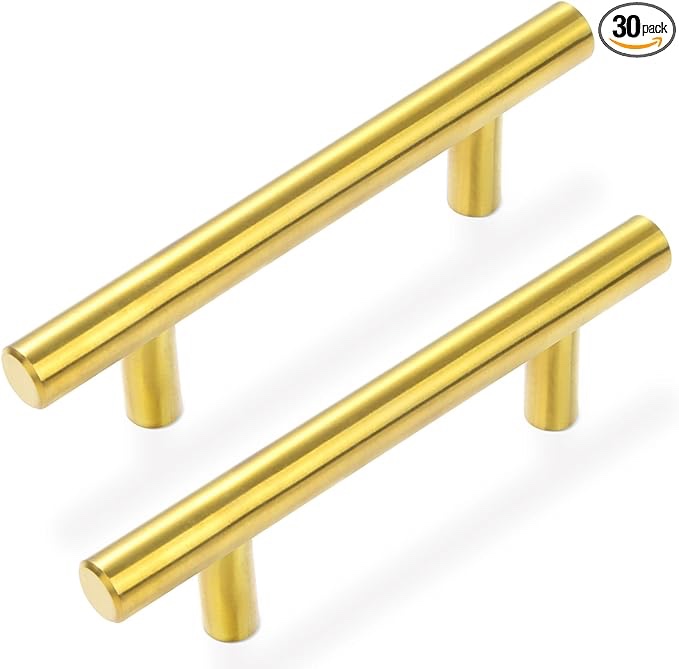 Haliwu 30 Pack/Gold Cabinet Pulls, Brushed Brass Handles Gold Dresser Drawer Pulls Stainless Steel Kitchen Hardware Gold 3 Inch Hole Center 30 3 inch hole center