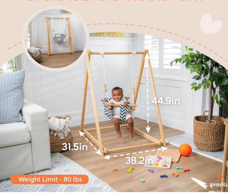 FUNLIO Wooden Toddler Swing Stand with 4 Sandbags, Foldable Baby Swing Stand with Durable Pine & Velcro for Toddlers 6-36 Months, Kids Swing Frame with Maximum Bearing 50lbs, Easy to Assemble & Store