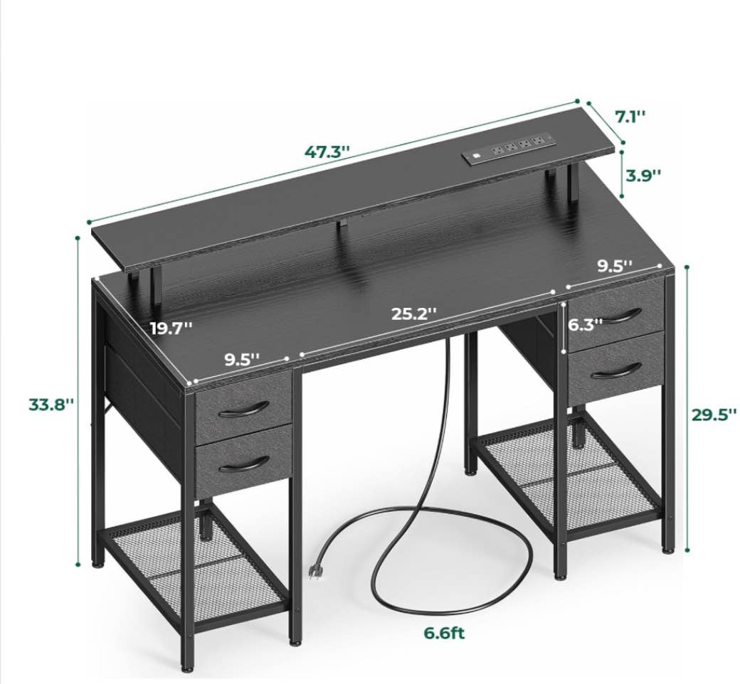 Huuger 47 inch Computer Desk with 4 Drawers, Gaming Desk with LED Lights & Power Outlets, Home Office Desk with Large Storage Space for Bedroom, Work from Home, Black Black 47 inch