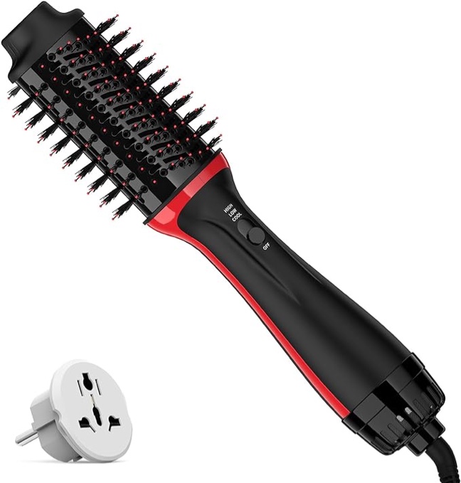 Plus 2.0 Dual Voltage Hair Dryer Brush with European Plug, 110V-120V/220V-240V Blow Dryer Brush for European Travel Hot Air Brush and Styler Volumizer with Negative Ion Anti-frizz Ceramic Titaniu