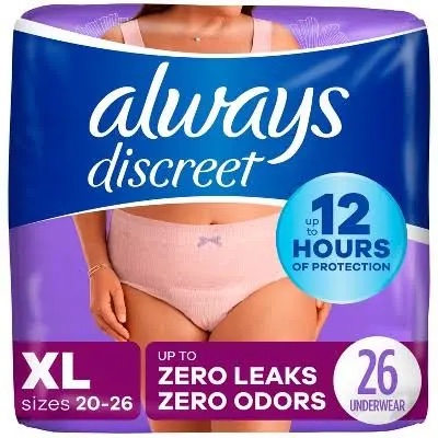 Always Discreet Adult Incontinence Underwear for Women  Size XL  52 CT