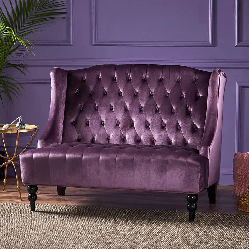 High Wingback Diamond Tuft Cute Sofa in Raisin Velvet Upholstery