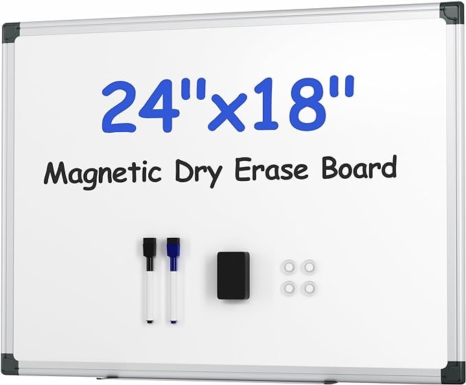 Magnetic White Board Kit for Wall 24" x 18", 1 Dry Eraser & 2 Multicolor Markers Reinforced Aluminum Frame for Home, School, Office