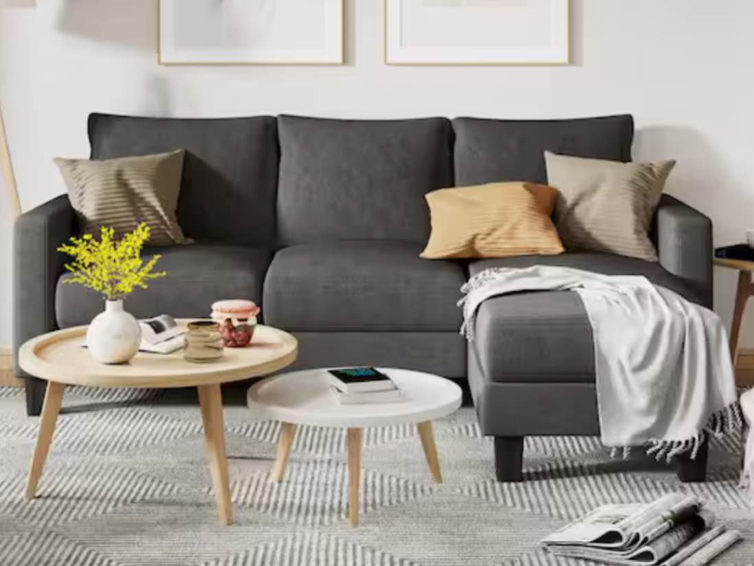 Classic L-Shaped Sectional Sofa Reversible Linen Sectional Sofa in Dark Gray with Chaise