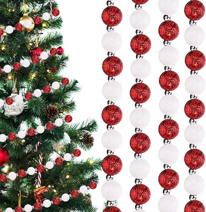 Christmas Cane Garland Multi Color Glitter Beaded Garland Candy Tree Beads Garland Red and White Plastic Beads Garland for Fireplace Christmas Tree Decorations (White, Red, Silver, 40 ft)