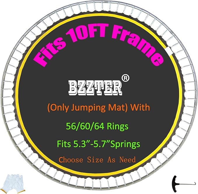 Bzzter Trampoline Replacement Mat 10ftï¼ŒTrampoline Mat Fit 10ft Frame with 56 Rings 103 Inch Diam Match 5.3-5.7 Inch Spring,Without Frame and Springs(Only Trampoline Mat), w/Spring Tool and Gloves