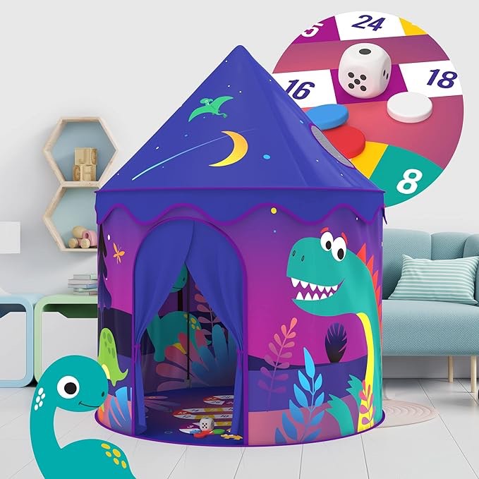 Dino Kids Tent + Board Game Inside, Dinosaur Kids Playhouse Foldable Tent with Floor Game for Boys and Girls