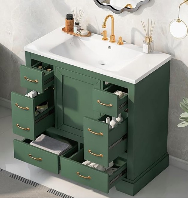 36" Bathroom Vanity with Sink Combo, One Cabinet and Six Drawers, Solid Wood and MDF Board, Green