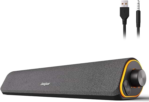 SOULION R50 Bluetooth Computer Speakers, 3.5mm PC Sound Bar for Desktop Monitor, Wired USB Powered & Colorful LED Lights with Switch Button, Stereo Surround Sound Soundbar for Computer Laptop