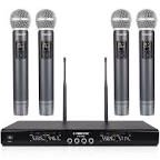 Phenyx Pro Wireless Microphone System, Metal Wireless Mic Set with 4 Cordless Mics, 4x25 UHF Adjustable Frequencies, 200ft Range, Dynamic Microphones for Singing, Karaoke, Church, DJ (PTU-5200)