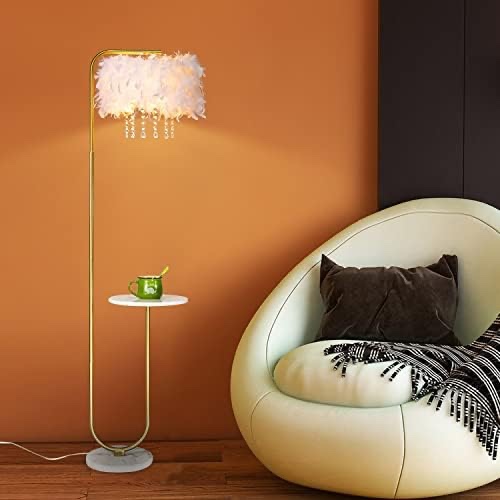 Beaysyty Unique Led White Feather Floor Lamp with Tray,Ostrich Feather Stand Lamp,Living Room Bedroom Office Shop Window Decoration Lamp,Foot Switch and Brass/Gold Finish Arc Floor Lamp
