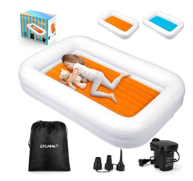 USHMA Upgrade Toddler Travel Bed [4-Side] | Both Side Usable Toddler Air Mattress | Inflatable Toddler Bed | Portable Inflatable Kids Travel Toddler Bed | Kids Blow Up Mattress with Sides