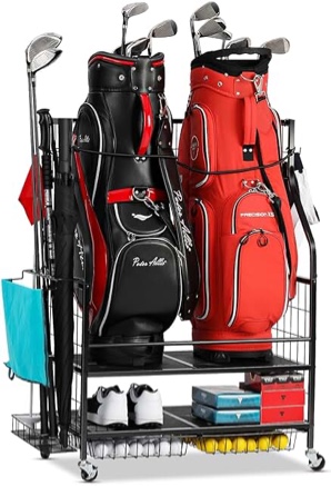 FHXZH Golf Bags Storage Garage Organizer - Golf Bag Stand Fit Single Golf Bags, Golf Clubs, and Golf Equipment Accessories, Golf Bag Storage Rack with Wheels for Garage, Club, Shed, Basement
