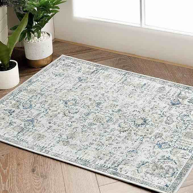 Washable Rug Entryway Rug Door Mat Vintage Indoor Entrance Thin Rug Retro Distressed Carpet Blue Floral Mat Country Boho Rug Non Slip Doormat Bathroom Kitchen Bedroom similar to stock photo 