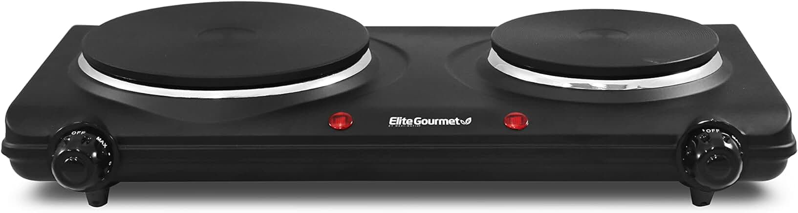 Elite Gourmet EDB-302BF# Countertop Double Cast Iron Burner, 1500 Watts Electric Hot Plate, Temperature Controls, Power Indicator Lights, Easy to Clean, Black Cast Double