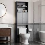 Shintenchi Over The Toilet Storage Cabinet, Bathroom Above The Toilet Rack, Bathroom Adjustable Shelf Organizer with Open Bottom Bar and Anti-Tip Device, White gray 75inch
