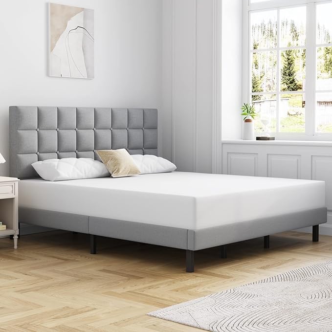 Molblly King Bed Frame Upholstered Platform with Headboard and Strong Wooden Slats,Non-Slip and Noise-Free,No Box Spring Needed, Easy Assembly,Light Gray
