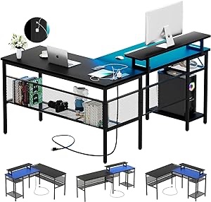iSunirm L Shaped Computer Desk with Magic Power Outlets and Smart LED Light, Reversible Office Corner Desk with Economic Monitor Stand, Large Gaming Table with Storage, Sleek Grid Design, Black Oak